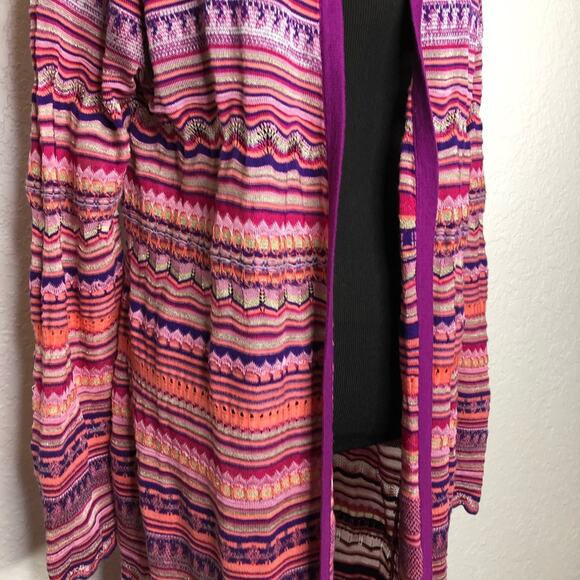 Chicos pink purple stripe crochet knit open front long cardigan size 2 or Medium - Picture 3 of 15
